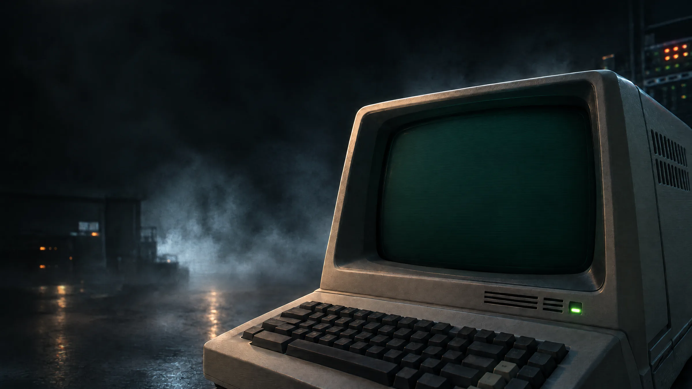 A workstation terminal standing in a dark server hall.
